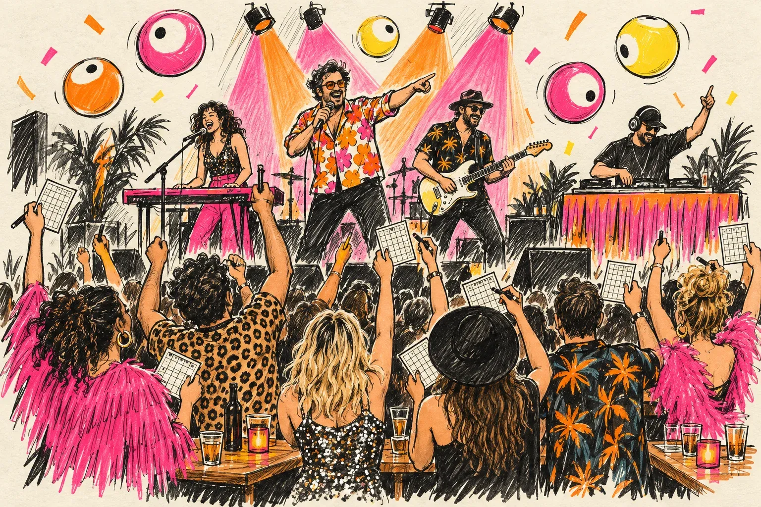 Schets van Bingo Bonanza: een showmaster, zangeres achter toetsen, gitarist en dj op een podium, met een zaal vol mensen die bingokaarten omhoog houden