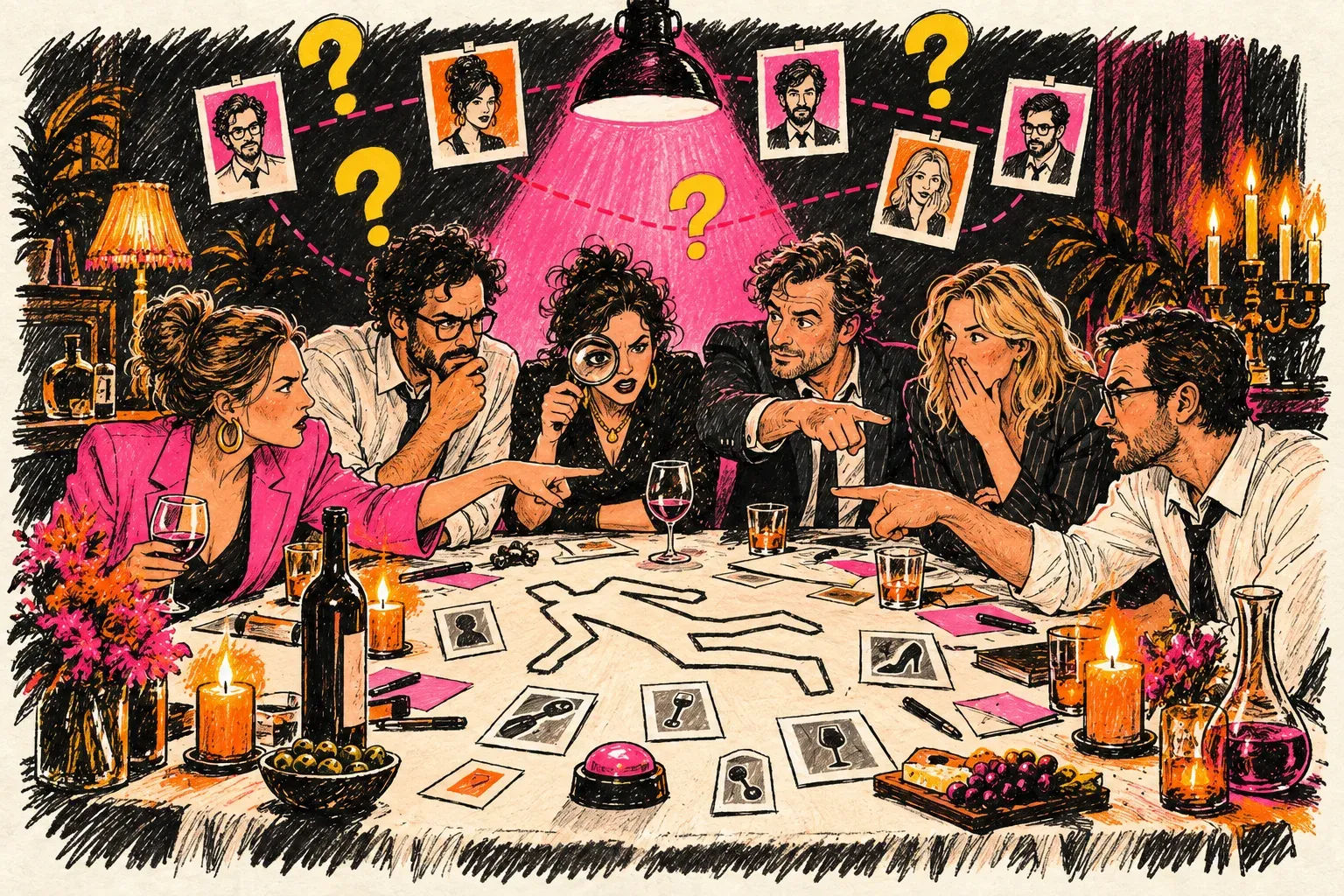 Schets van het moordspel: zes collega's aan een diner-tafel wijzen elkaar aan, met een krijtlijn, aanwijzingskaarten en een buzzer op tafel